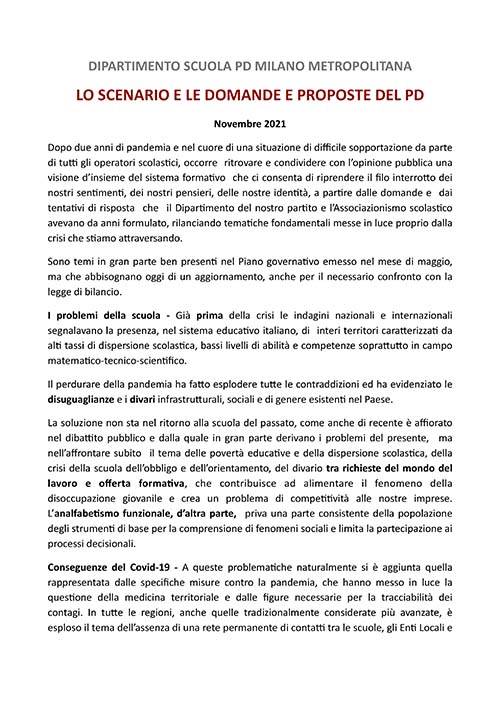 LO SCENARIO E LE DOMANDE E PROPOSTE DEL PD